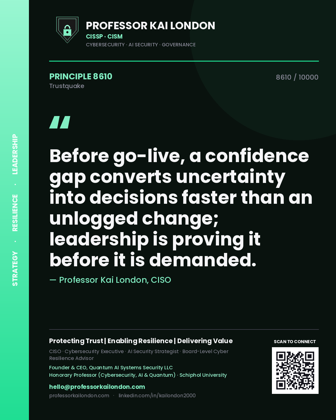 Quote card by Professor Kai London reading 'Before go-live, a confidence gap converts uncertainty into decisions faster than an unlogged change; leadership is proving it before it is demanded.'. From the book Trustquake.