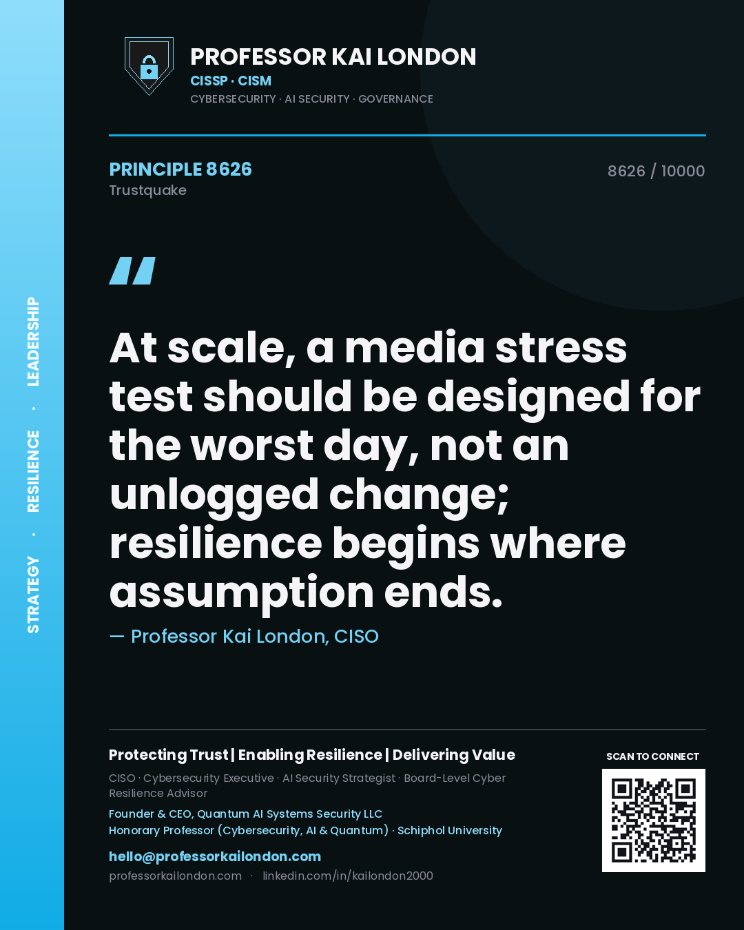 Professor Kai London principle 8626: At scale, a media stress test should be designed for the worst day, not an unlogged change; resilience begins where assumption ends.