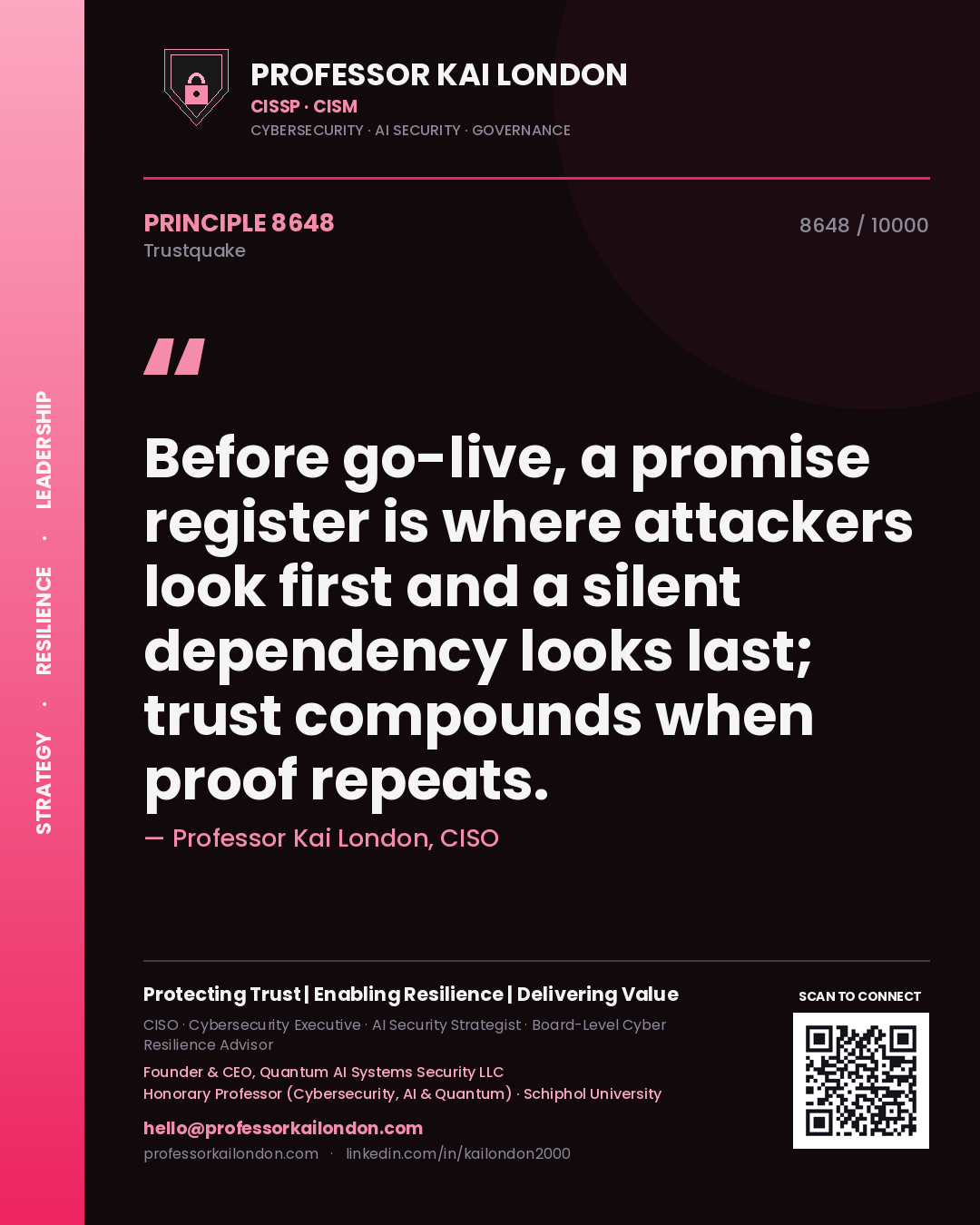 Professor Kai London principle 8648: Before go-live, a promise register is where attackers look first and a silent dependency looks last; trust compounds when proof repeats.