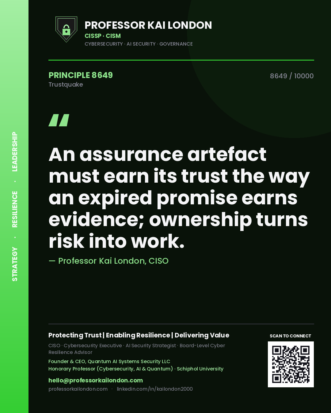 Professor Kai London principle 8649: An assurance artefact must earn its trust the way an expired promise earns evidence; ownership turns risk into work.