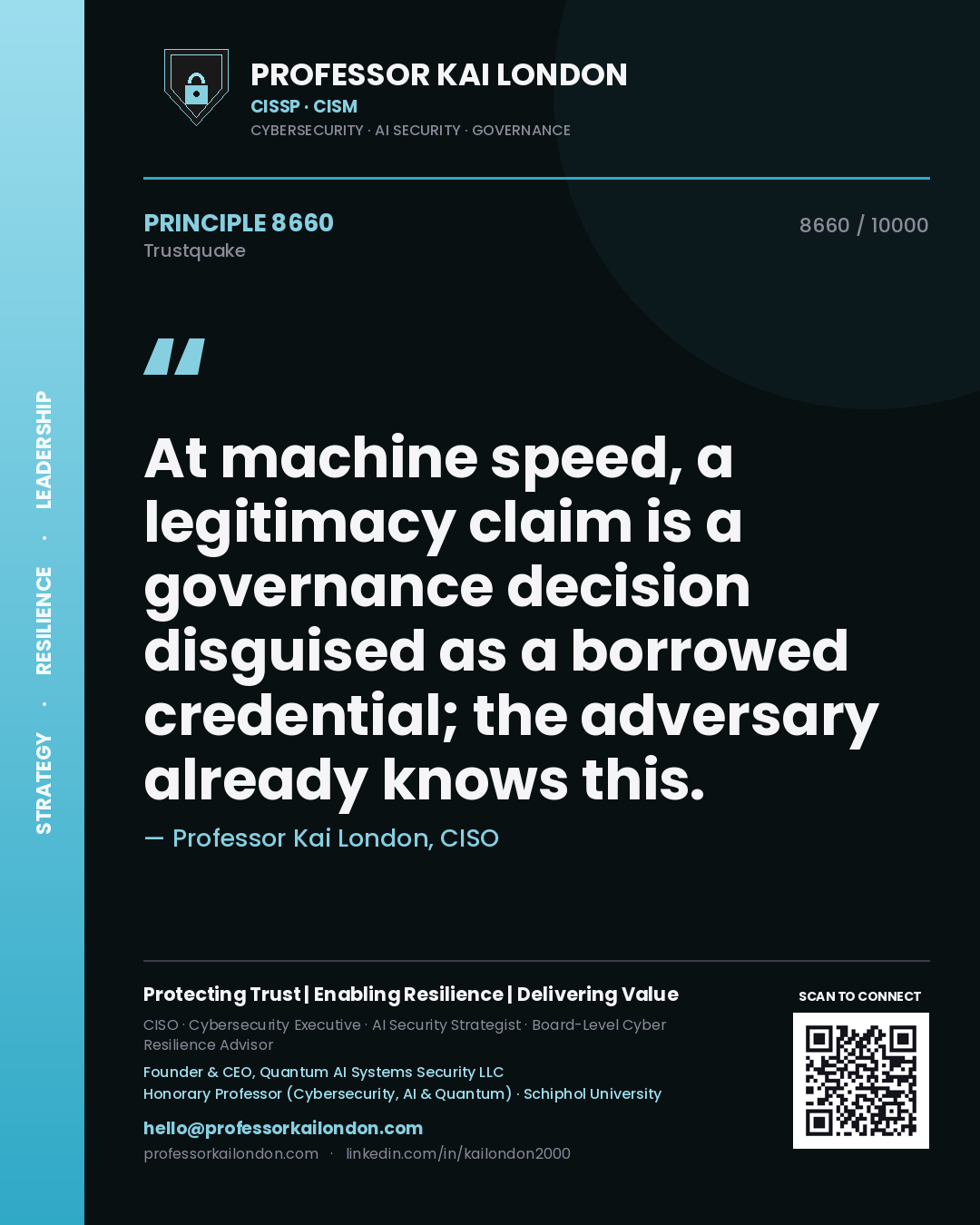 Quote card by Professor Kai London reading 'At machine speed, a legitimacy claim is a governance decision disguised as a borrowed credential; the adversary already knows this.'. From the book Trustquake.