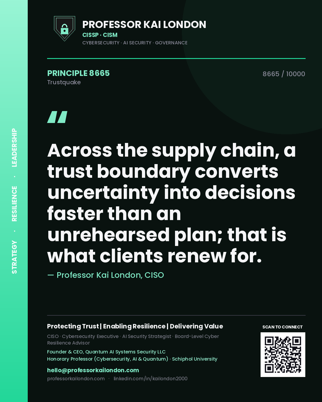 Professor Kai London principle 8665: Across the supply chain, a trust boundary converts uncertainty into decisions faster than an unrehearsed plan; that is what clients renew for.