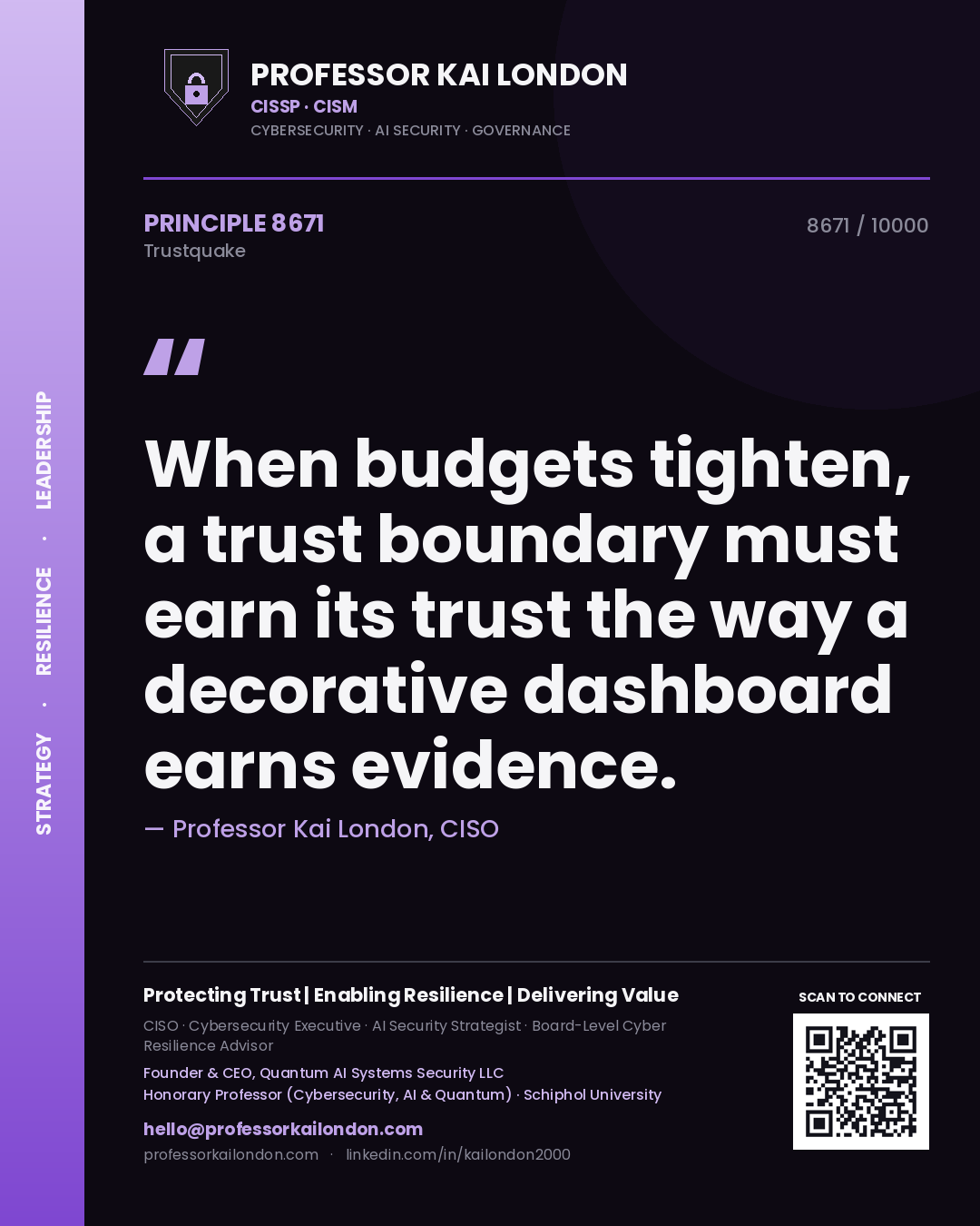 Quote card by Professor Kai London reading 'When budgets tighten, a trust boundary must earn its trust the way a decorative dashboard earns evidence.'. From the book Trustquake.