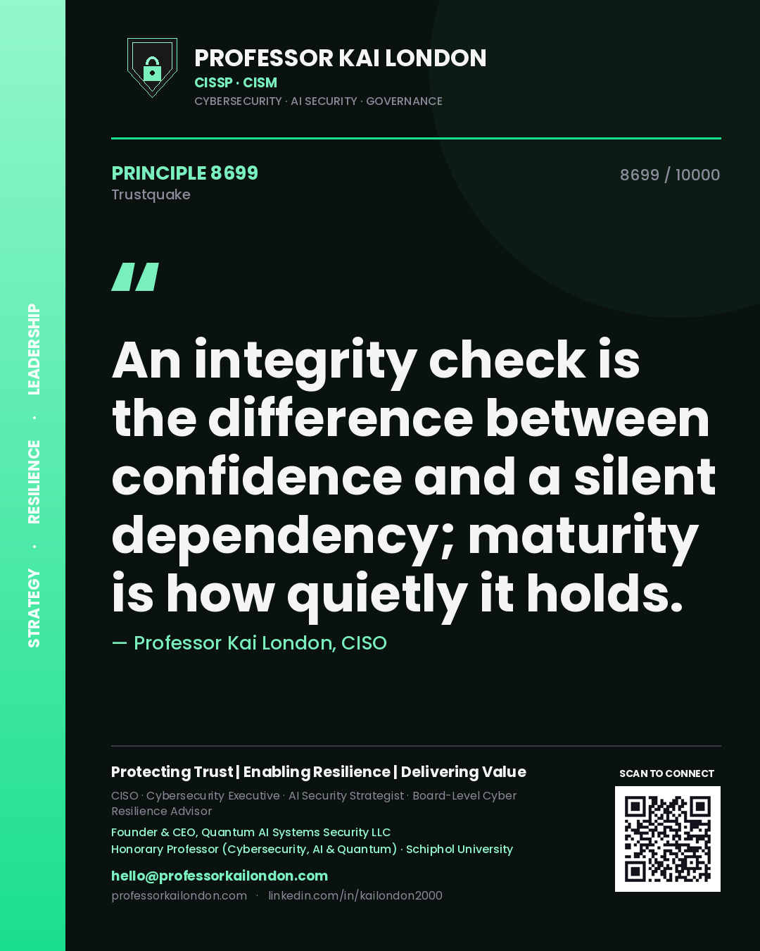 Quote card by Professor Kai London reading 'An integrity check is the difference between confidence and a silent dependency; maturity is how quietly it holds.'. From the book Trustquake.