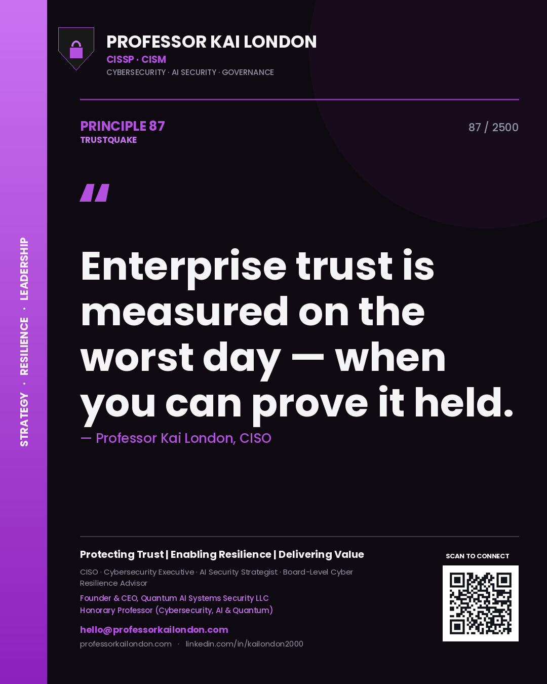 Quote card by Professor Kai London reading 'Enterprise trust is measured on the worst day — when you can prove it held.'. From the book Trustquake.