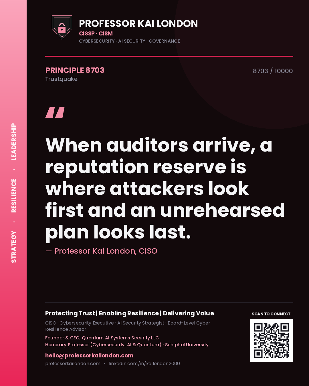 Quote card by Professor Kai London reading 'When auditors arrive, a reputation reserve is where attackers look first and an unrehearsed plan looks last.'. From the book Trustquake.