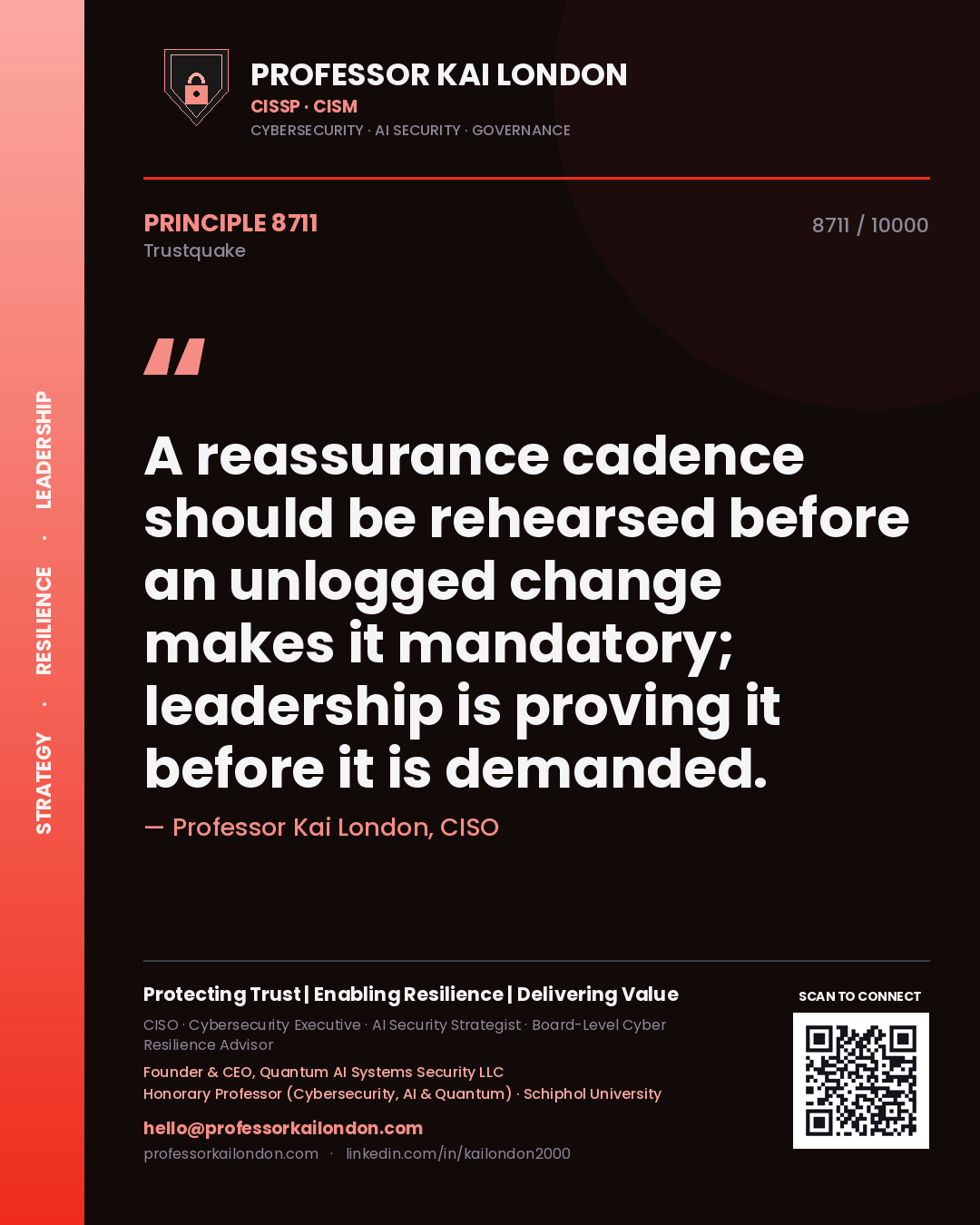 Professor Kai London principle 8711: A reassurance cadence should be rehearsed before an unlogged change makes it mandatory; leadership is proving it before it is demanded.