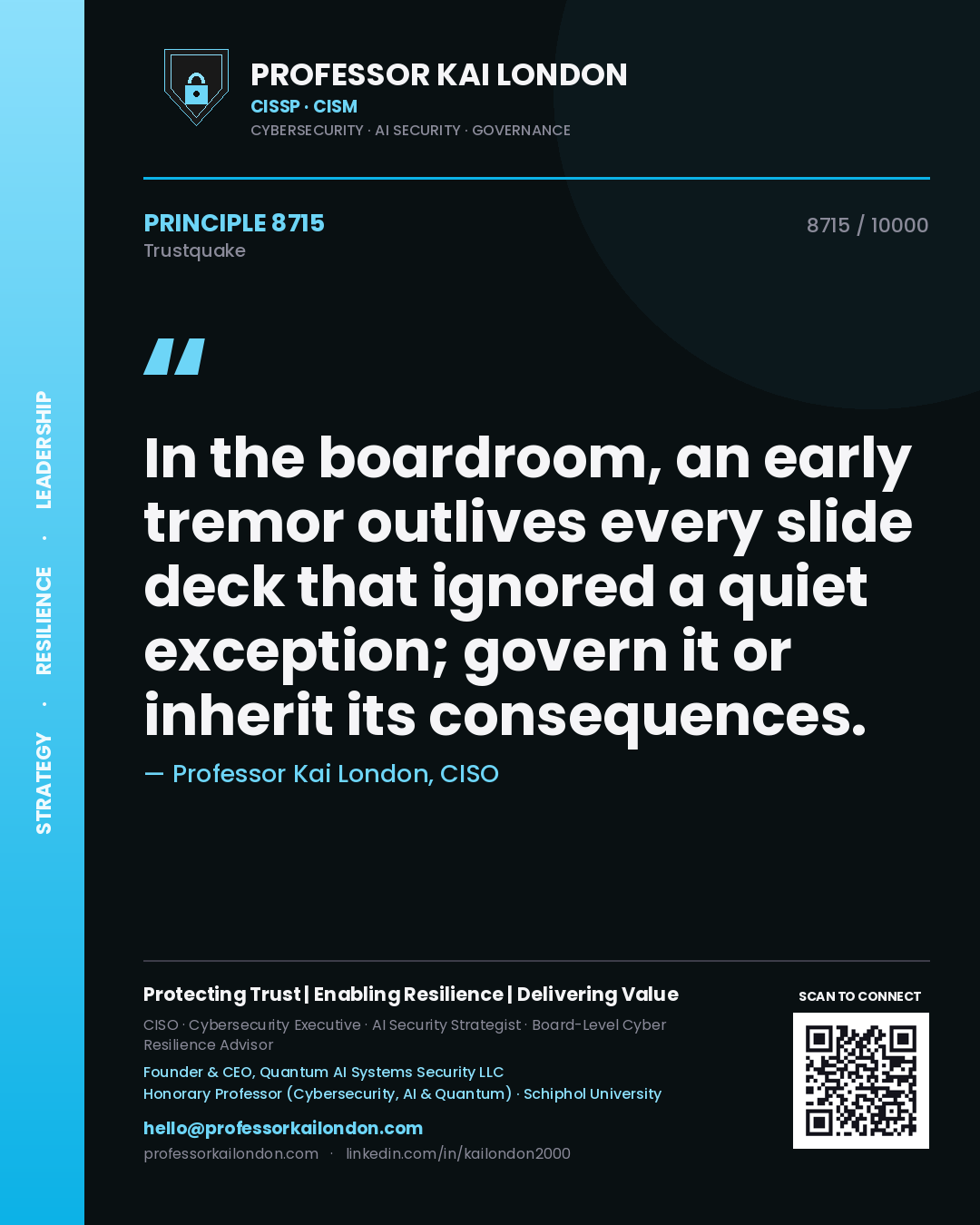 Professor Kai London principle 8715: In the boardroom, an early tremor outlives every slide deck that ignored a quiet exception; govern it or inherit its consequences.