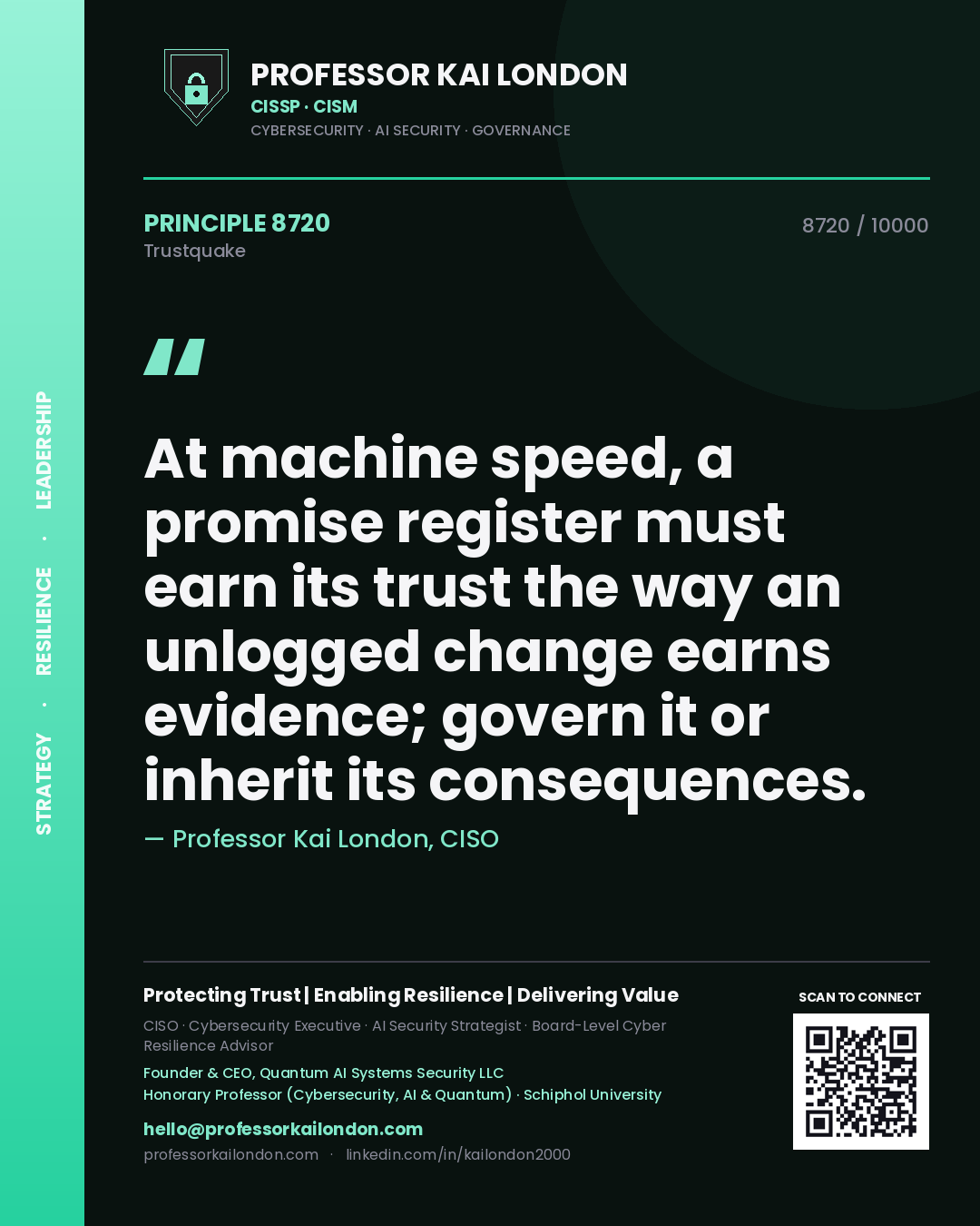 Professor Kai London principle 8720: At machine speed, a promise register must earn its trust the way an unlogged change earns evidence; govern it or inherit its consequences.