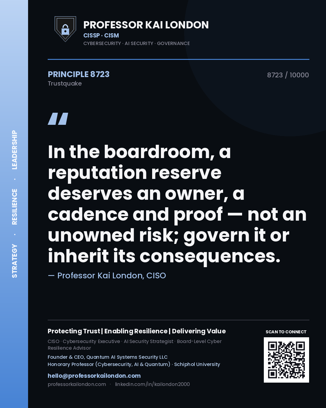 Professor Kai London principle 8723: In the boardroom, a reputation reserve deserves an owner, a cadence and proof — not an unowned risk; govern it or inherit its consequences.