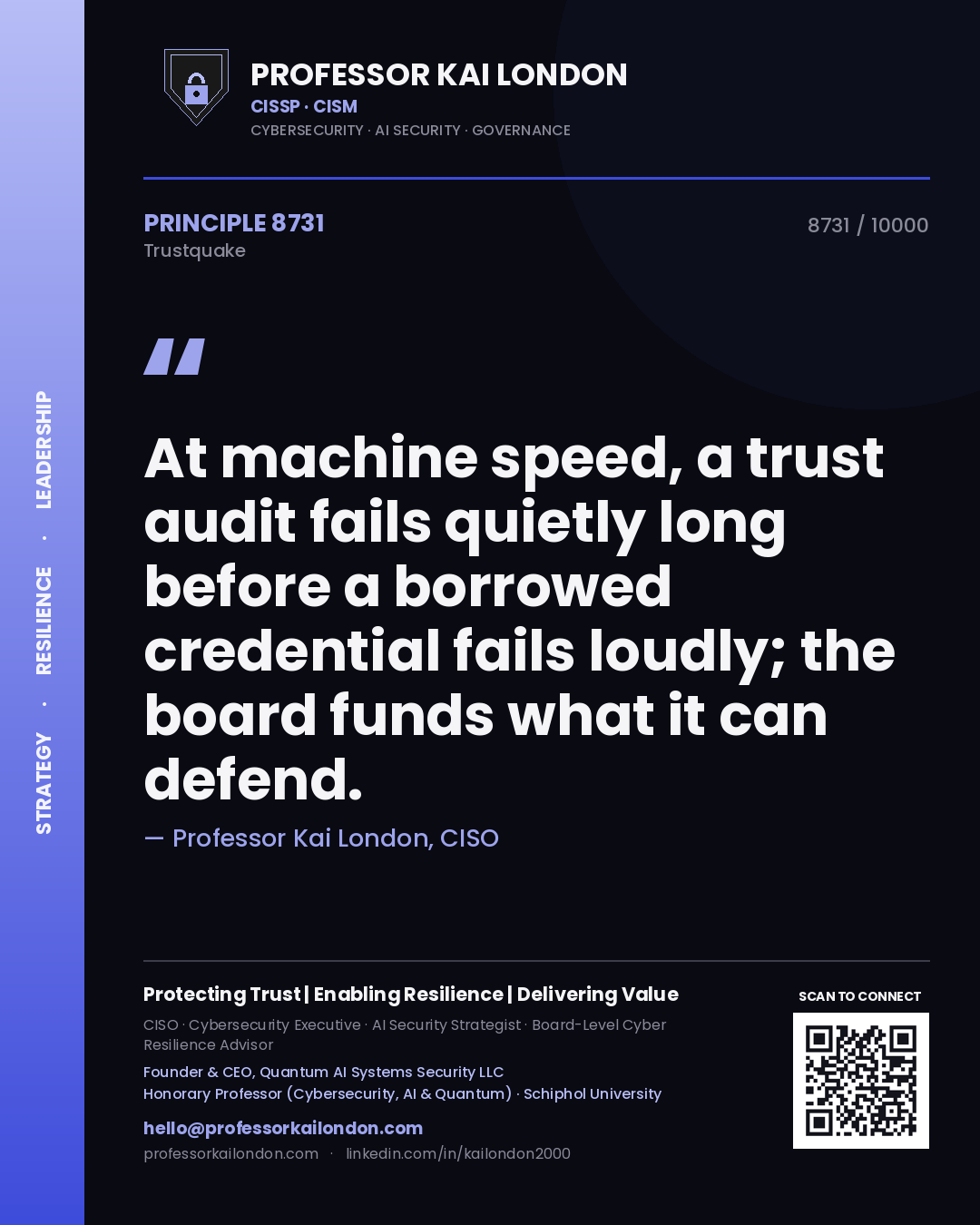Professor Kai London principle 8731: At machine speed, a trust audit fails quietly long before a borrowed credential fails loudly; the board funds what it can defend.