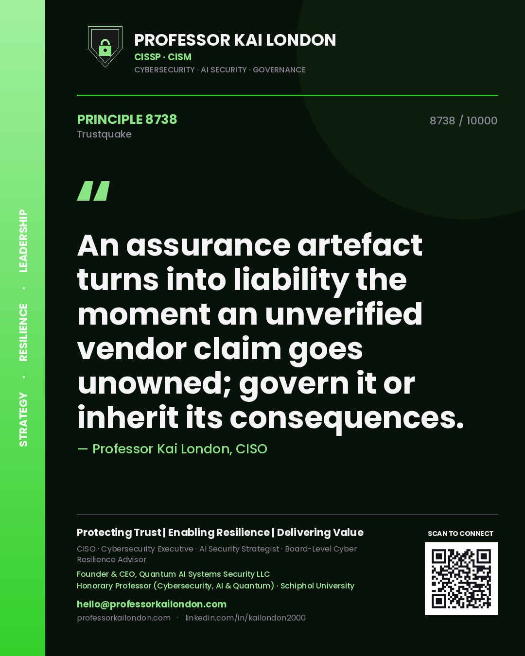 Professor Kai London principle 8738: An assurance artefact turns into liability the moment an unverified vendor claim goes unowned; govern it or inherit its consequences.