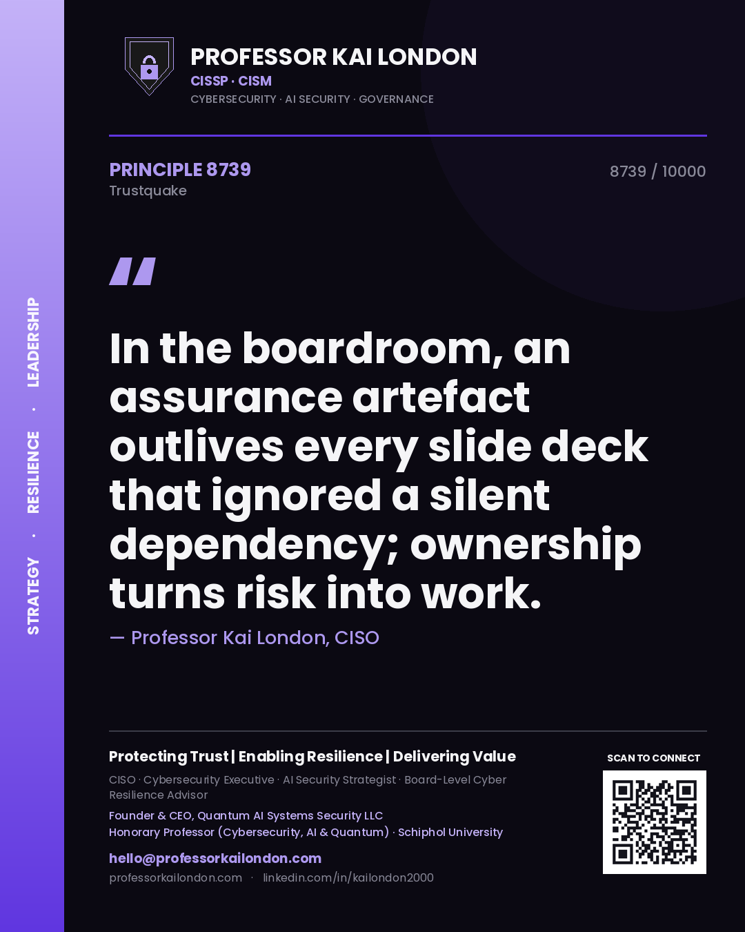 Professor Kai London principle 8739: In the boardroom, an assurance artefact outlives every slide deck that ignored a silent dependency; ownership turns risk into work.