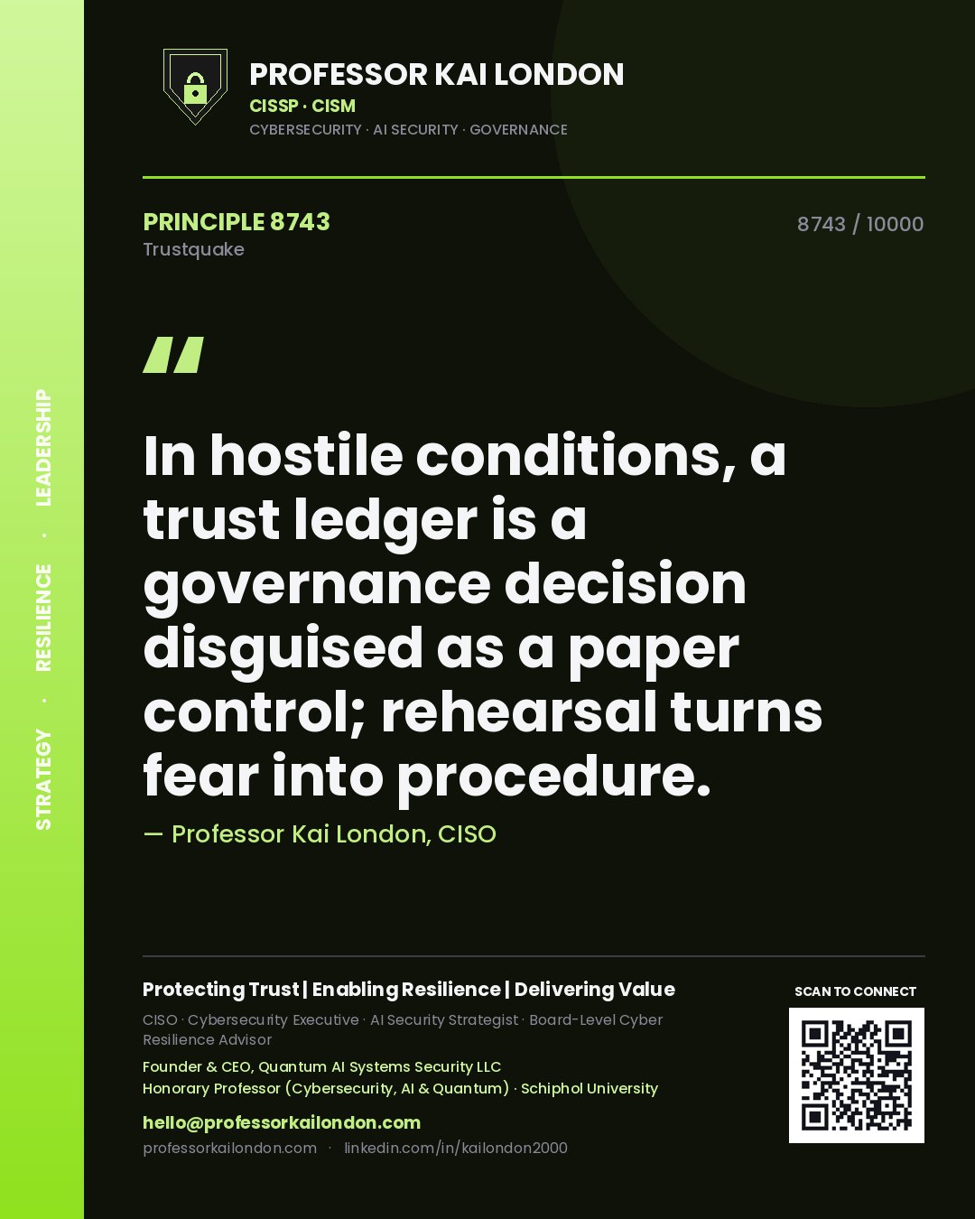 Professor Kai London principle 8743: In hostile conditions, a trust ledger is a governance decision disguised as a paper control; rehearsal turns fear into procedure.