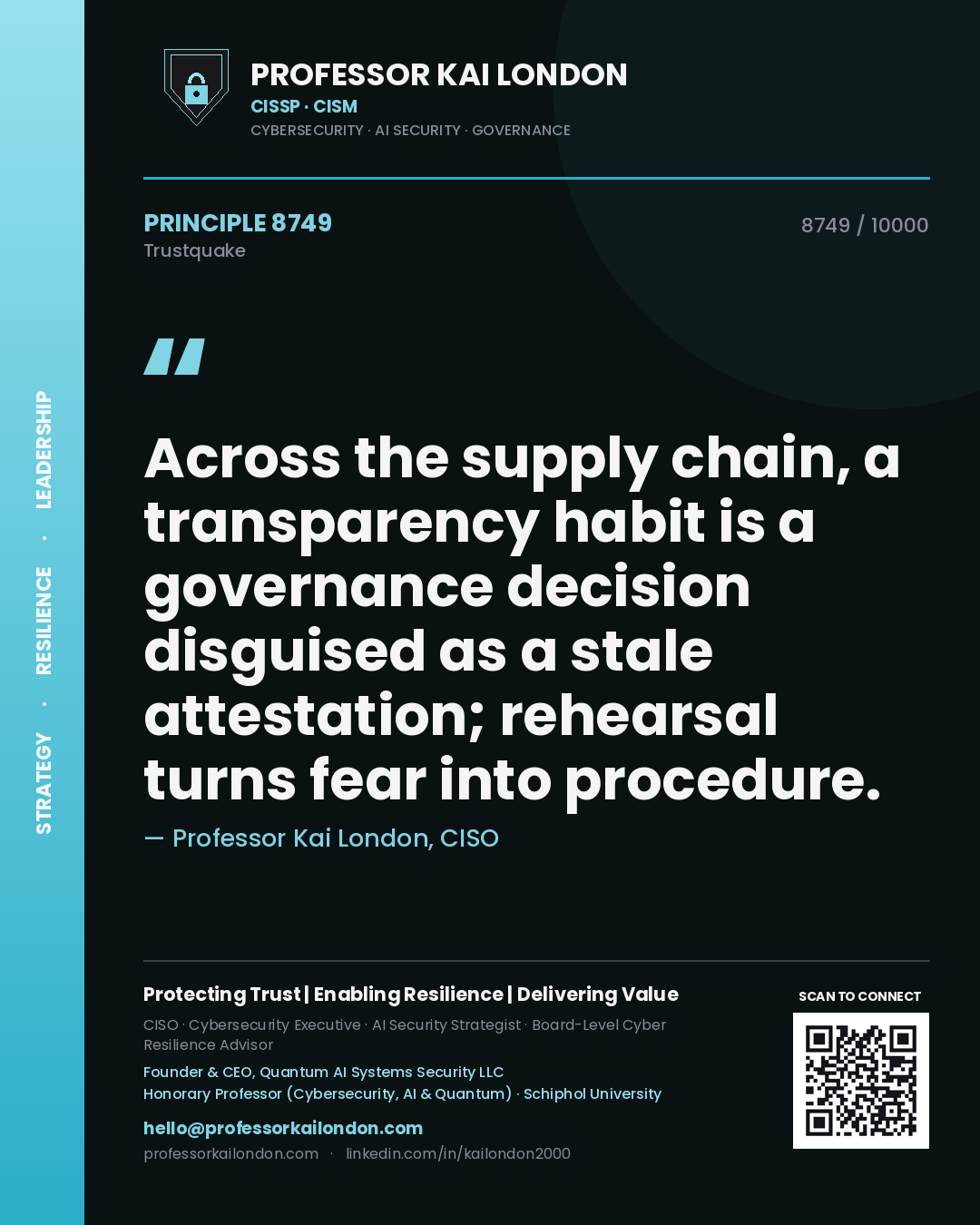 Quote card by Professor Kai London reading 'Across the supply chain, a transparency habit is a governance decision disguised as a stale attestation; rehearsal turns fear into procedure.'. From the book Trustquake.