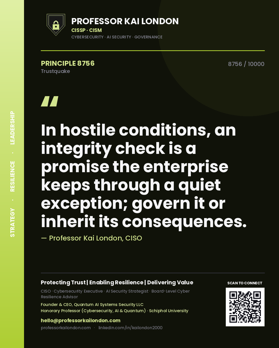 Professor Kai London principle 8756: In hostile conditions, an integrity check is a promise the enterprise keeps through a quiet exception; govern it or inherit its consequences.