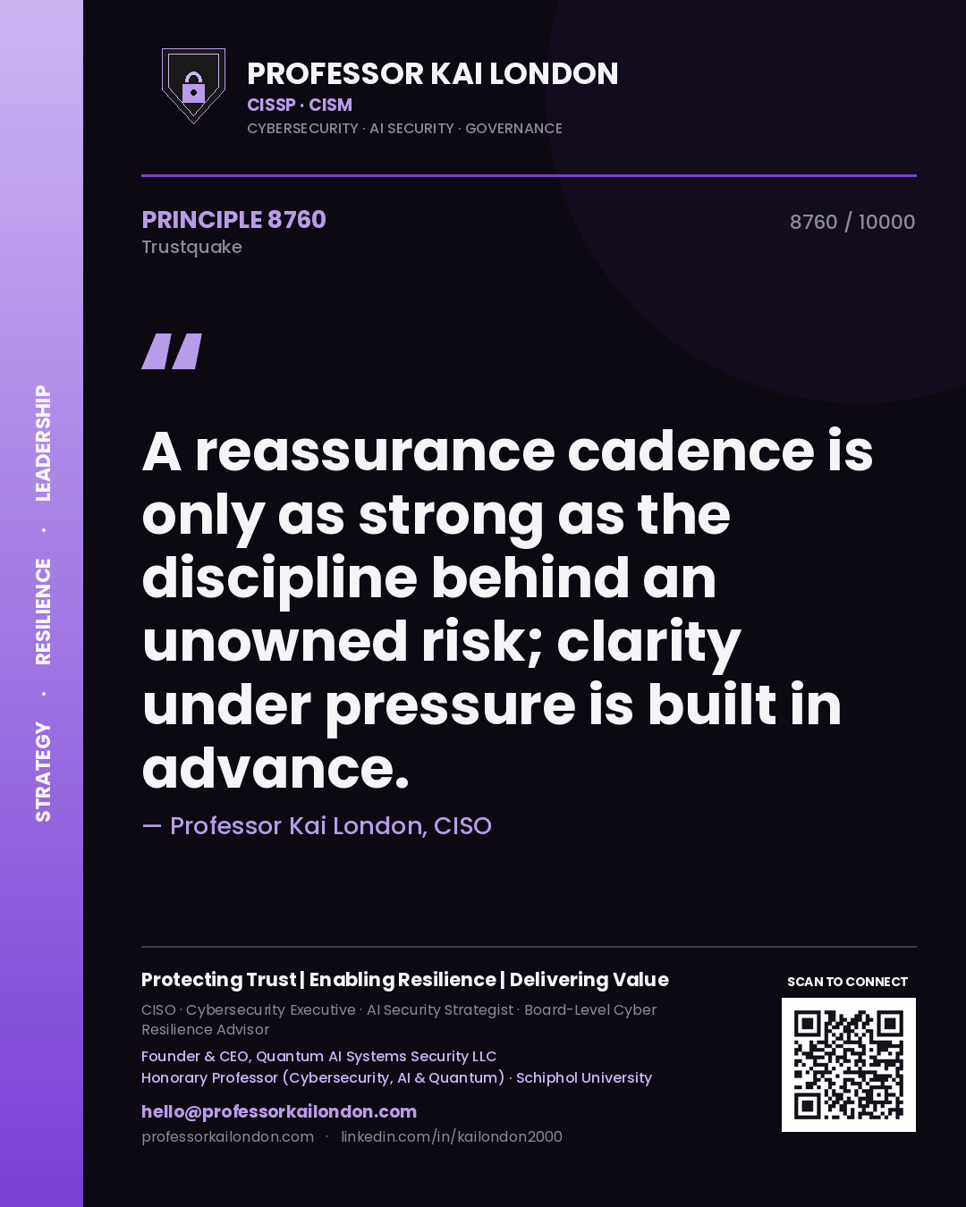 Professor Kai London principle 8760: A reassurance cadence is only as strong as the discipline behind an unowned risk; clarity under pressure is built in advance.
