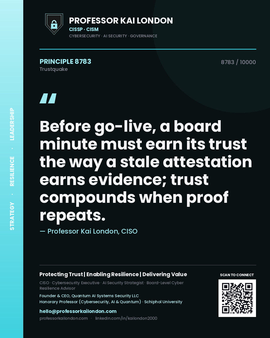 Quote card by Professor Kai London reading 'Before go-live, a board minute must earn its trust the way a stale attestation earns evidence; trust compounds when proof repeats.'. From the book Trustquake.