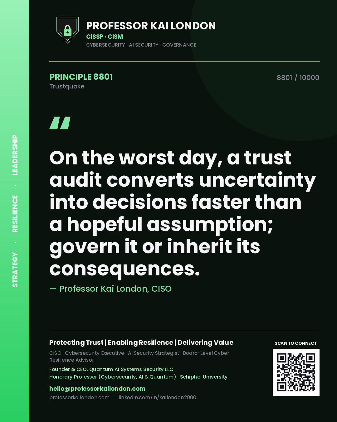 Professor Kai London principle 8801: On the worst day, a trust audit converts uncertainty into decisions faster than a hopeful assumption; govern it or inherit its consequences.