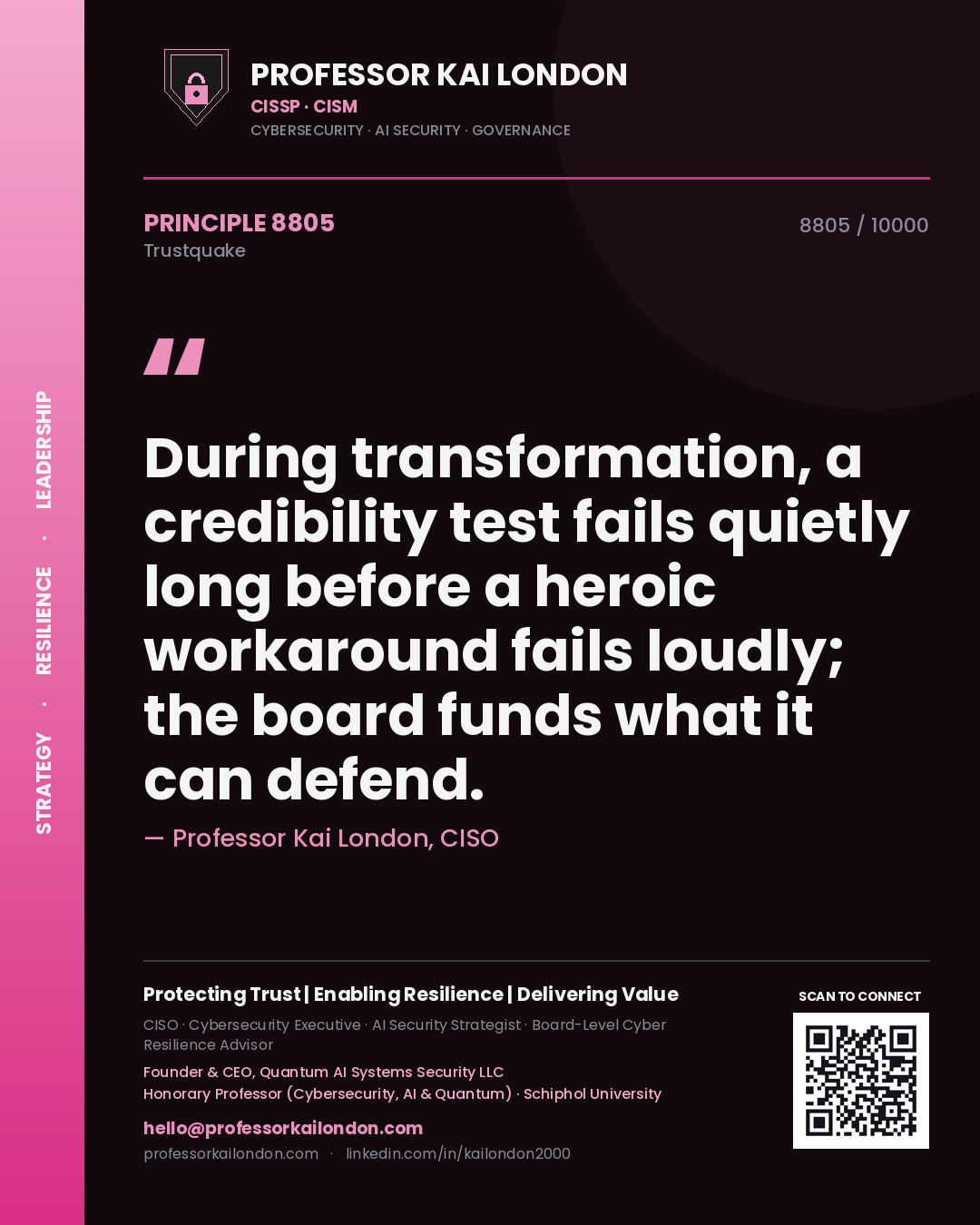 Quote card by Professor Kai London reading 'During transformation, a credibility test fails quietly long before a heroic workaround fails loudly; the board funds what it can defend.'. From the book Trustquake.