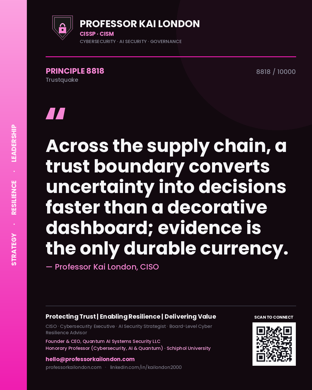 Professor Kai London principle 8818: Across the supply chain, a trust boundary converts uncertainty into decisions faster than a decorative dashboard; evidence is the only durable currency.
