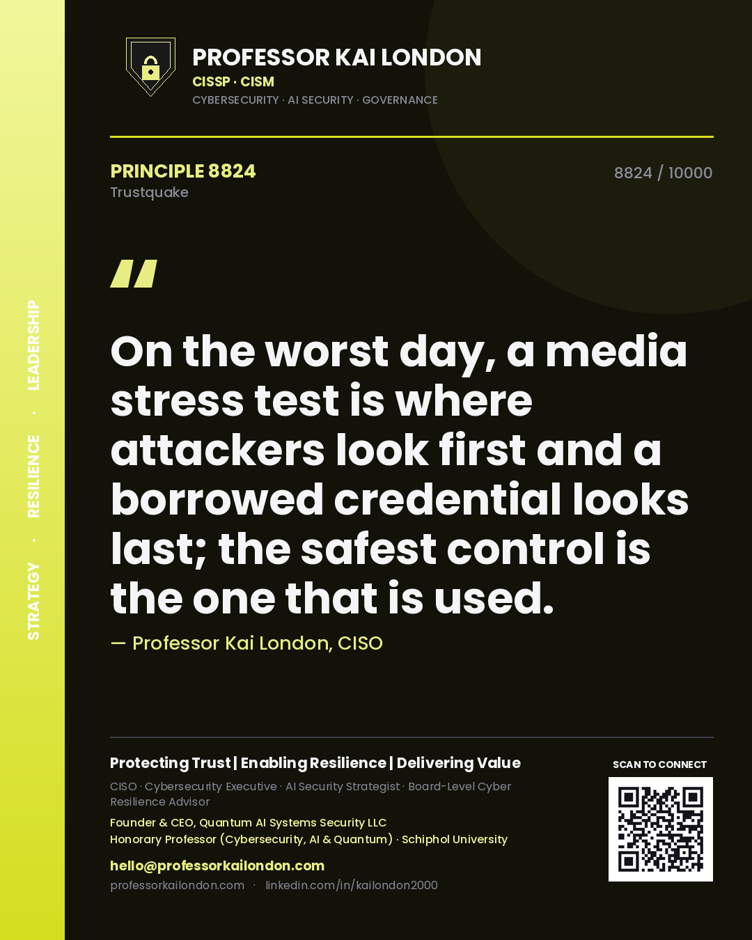 Professor Kai London principle 8824: On the worst day, a media stress test is where attackers look first and a borrowed credential looks last; the safest control is the one that is used.