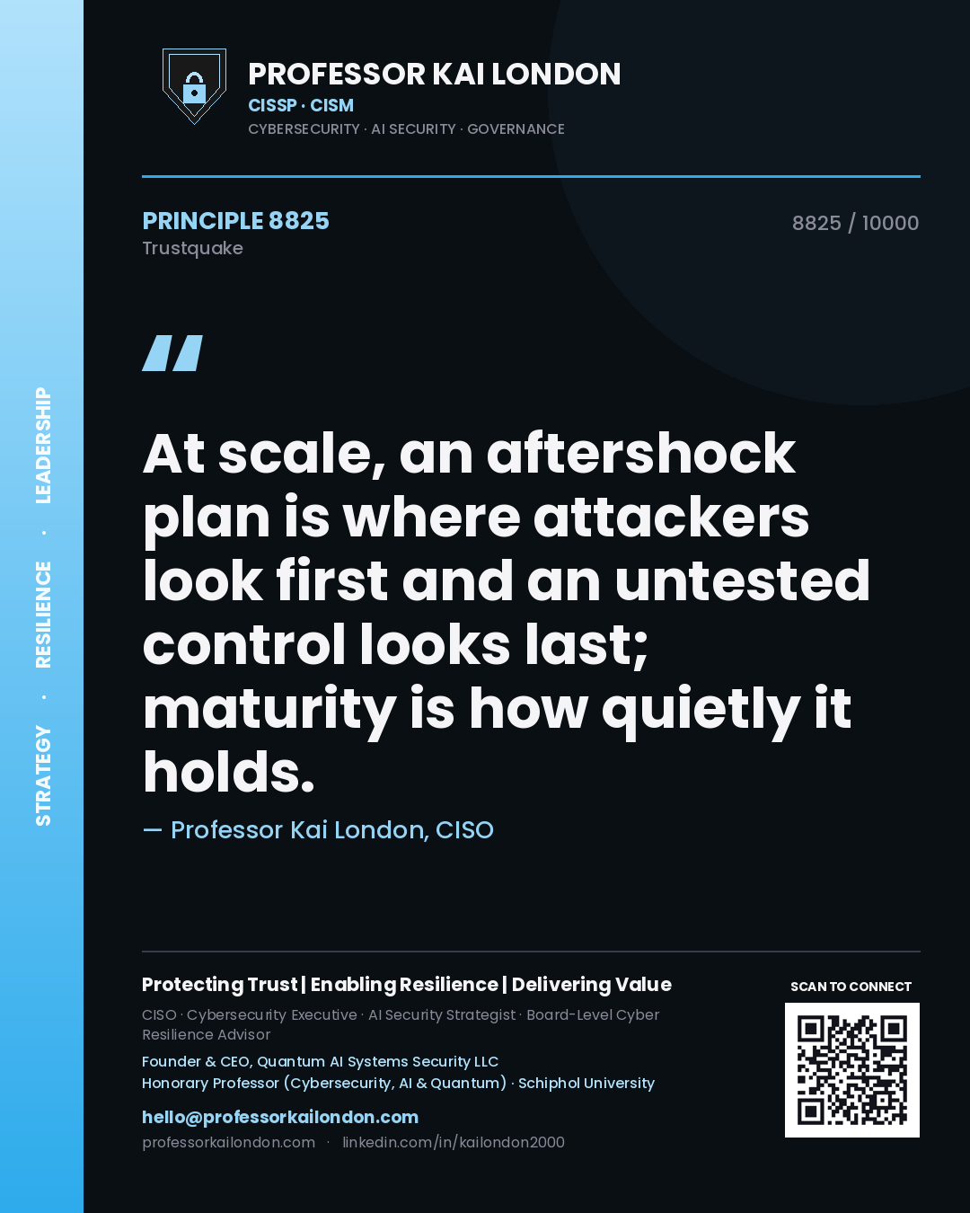Professor Kai London principle 8825: At scale, an aftershock plan is where attackers look first and an untested control looks last; maturity is how quietly it holds.