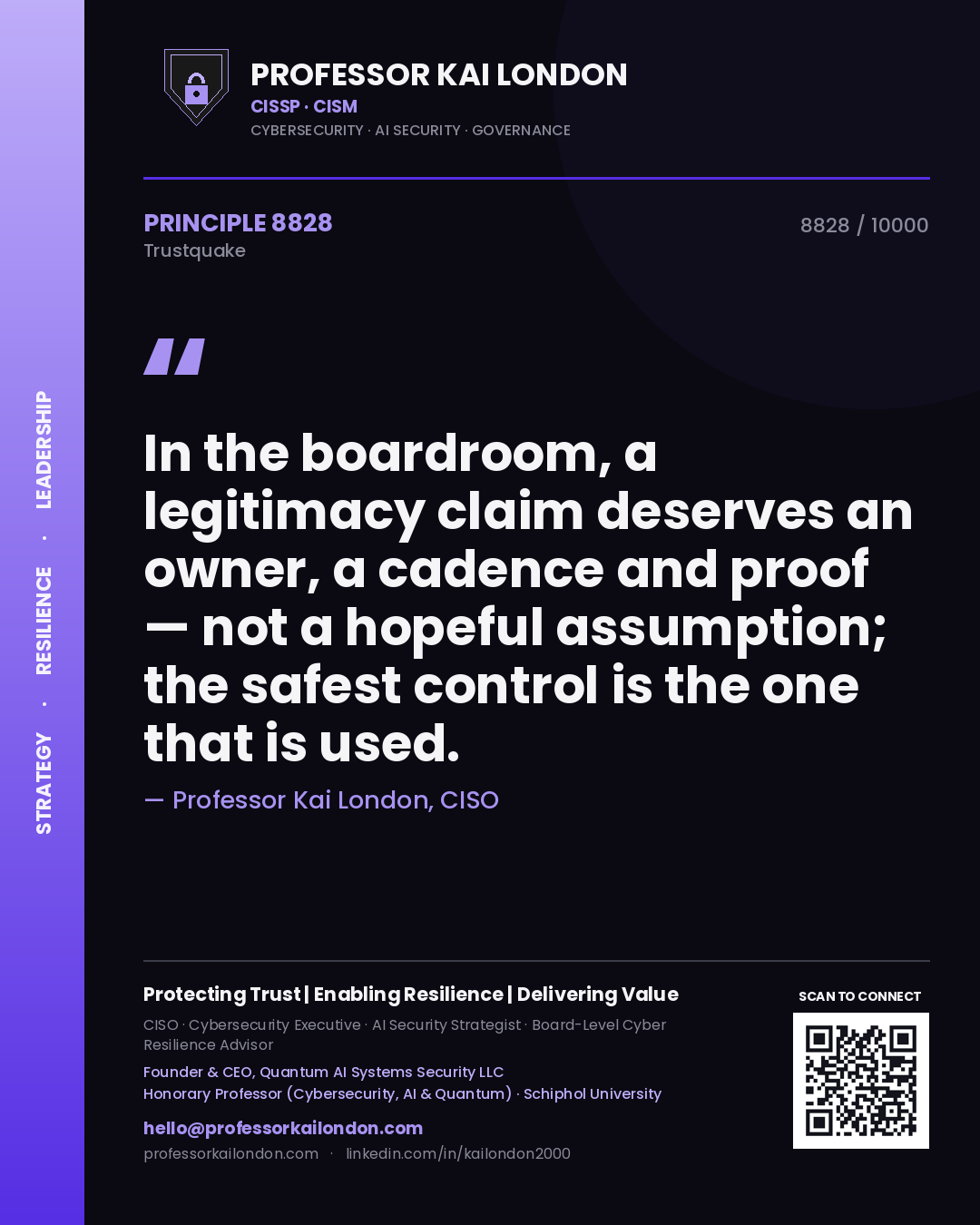Quote card by Professor Kai London reading 'In the boardroom, a legitimacy claim deserves an owner, a cadence and proof — not a hopeful assumption; the safest control is the one that is used.'. From the book Trustquake.