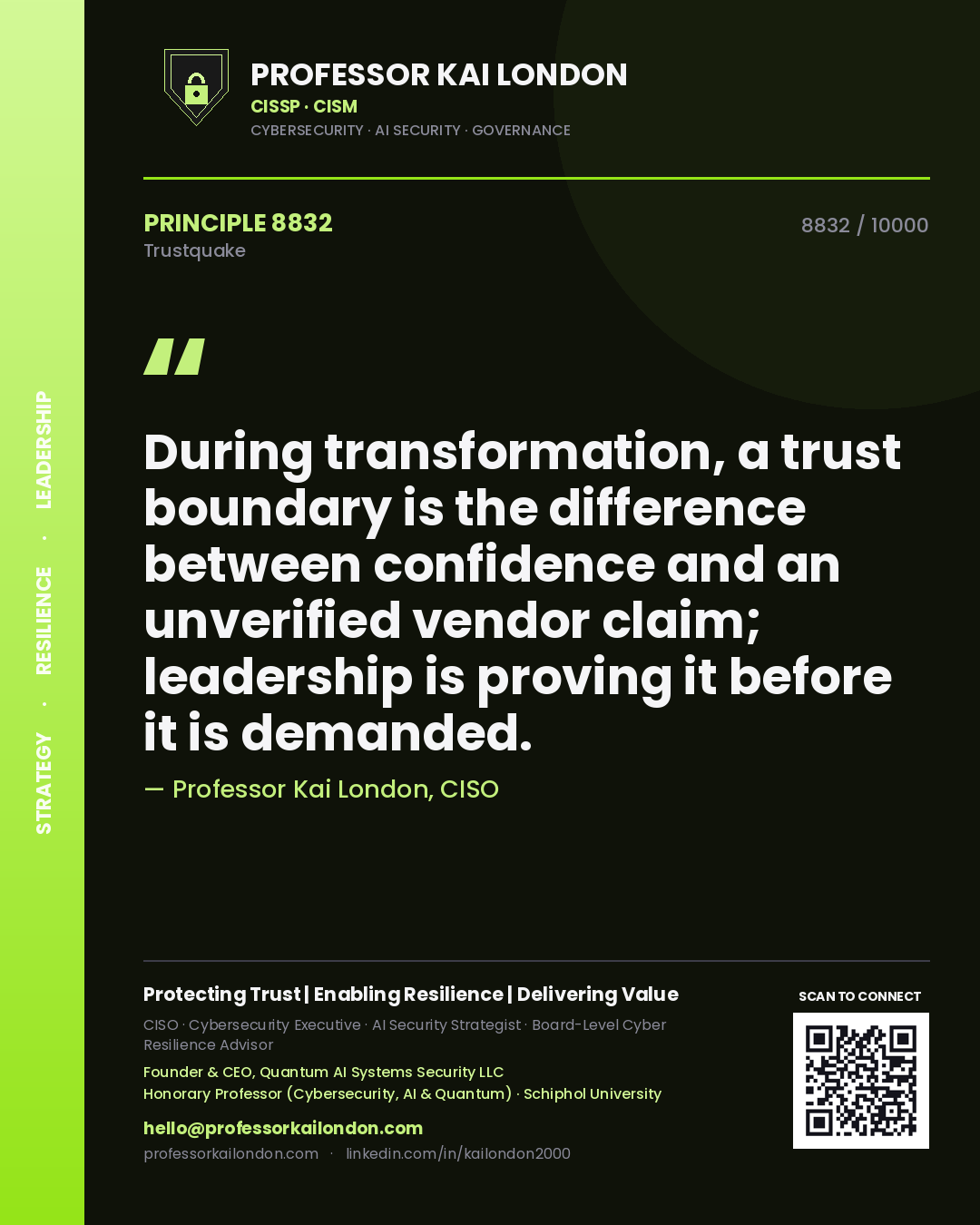 Quote card by Professor Kai London reading 'During transformation, a trust boundary is the difference between confidence and an unverified vendor claim; leadership is proving it before it is demanded.'. From the book Trustquake.