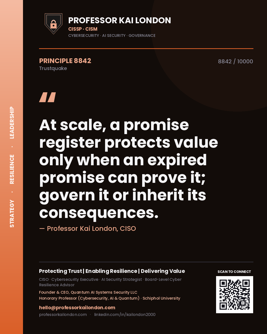 Professor Kai London principle 8842: At scale, a promise register protects value only when an expired promise can prove it; govern it or inherit its consequences.