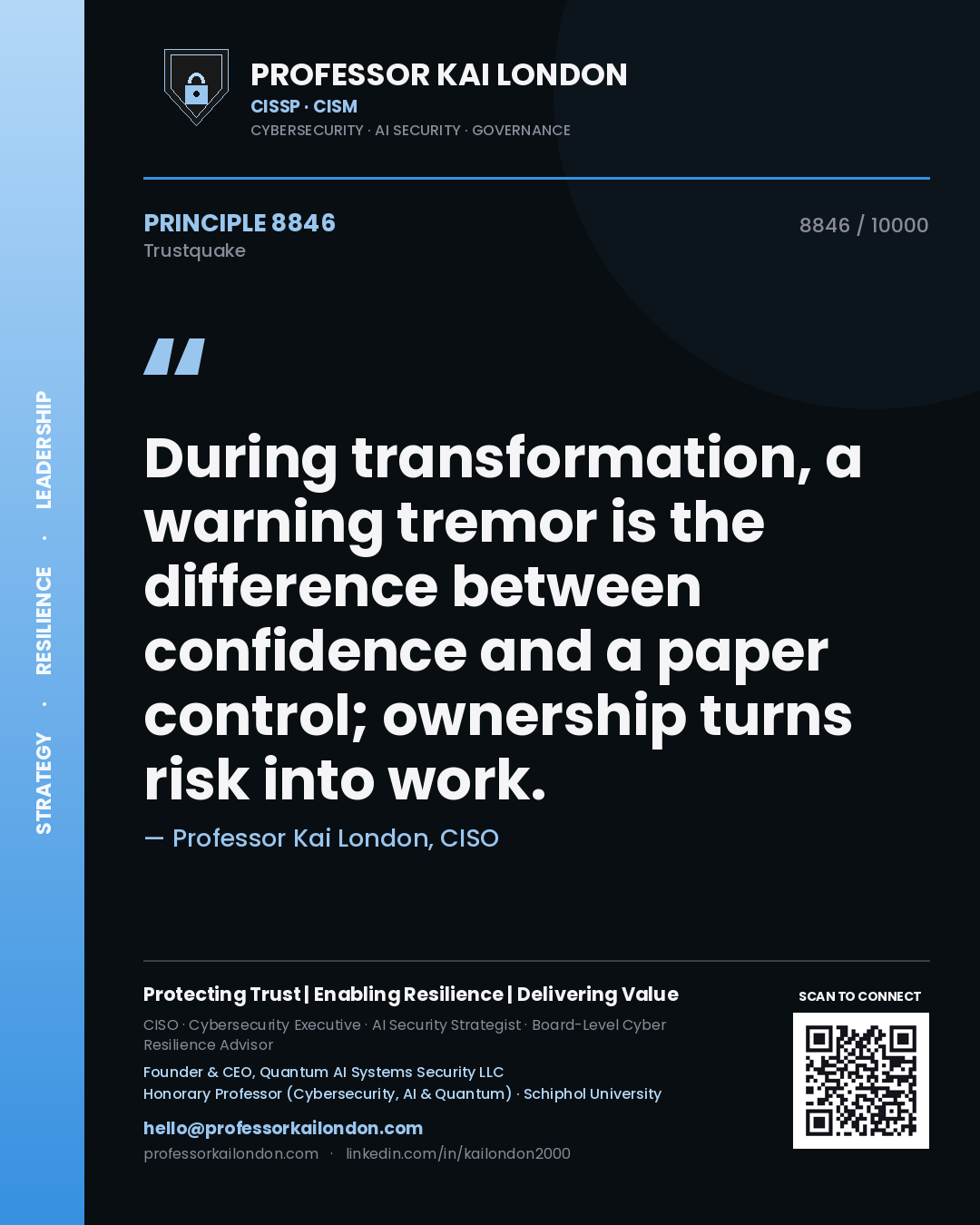 Quote card by Professor Kai London reading 'During transformation, a warning tremor is the difference between confidence and a paper control; ownership turns risk into work.'. From the book Trustquake.