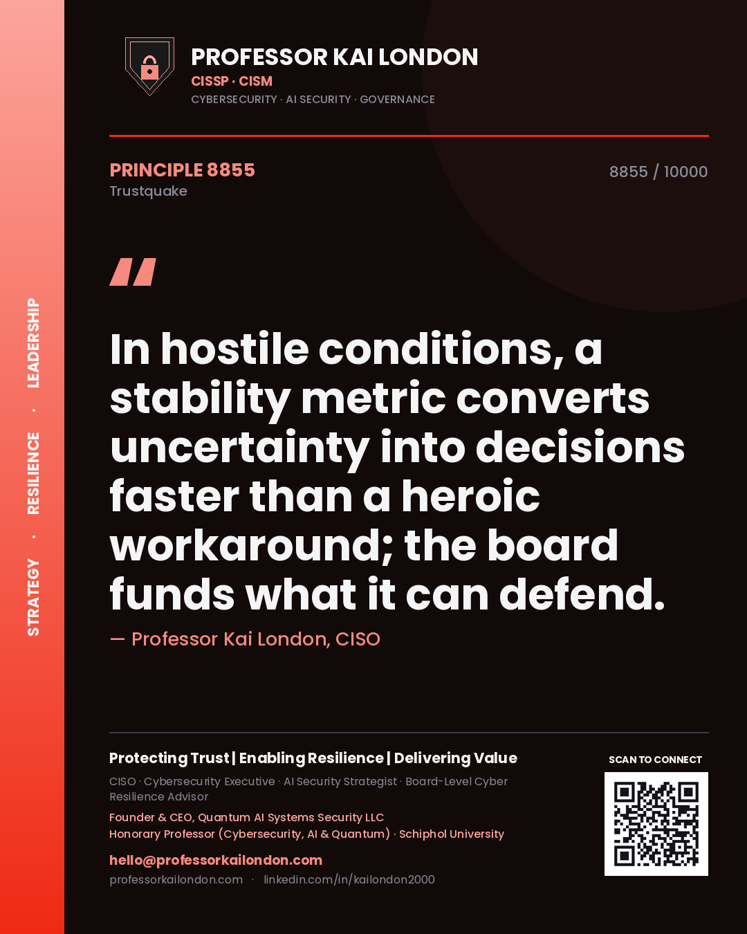 Quote card by Professor Kai London reading 'In hostile conditions, a stability metric converts uncertainty into decisions faster than a heroic workaround; the board funds what it can defend.'. From the book Trustquake.