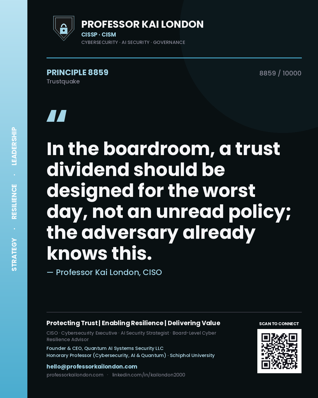 Professor Kai London principle 8859: In the boardroom, a trust dividend should be designed for the worst day, not an unread policy; the adversary already knows this.