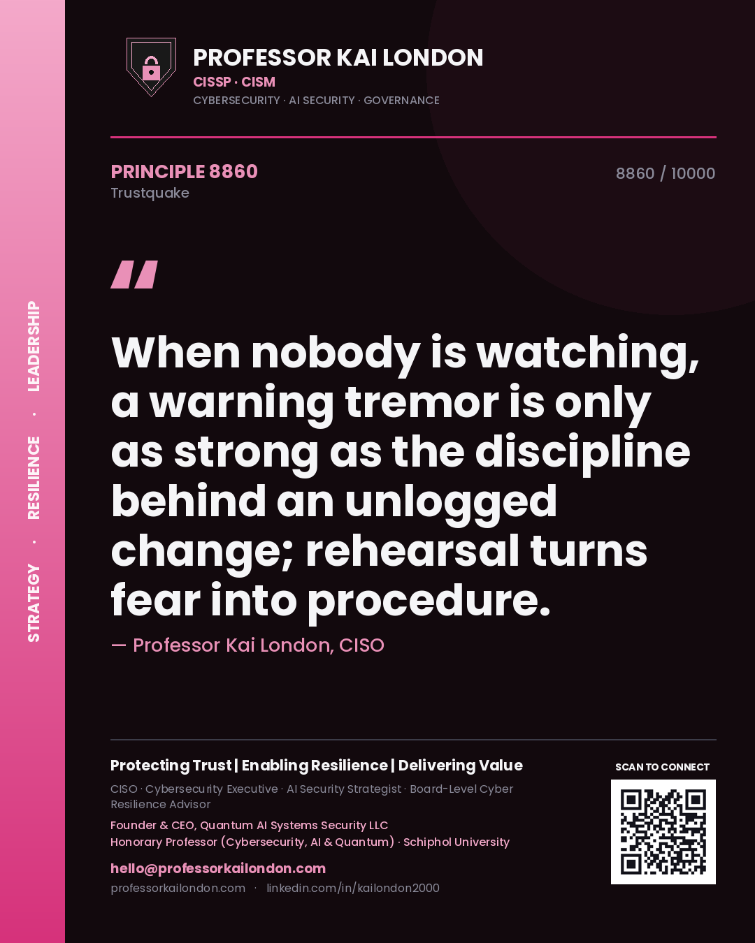 Professor Kai London principle 8860: When nobody is watching, a warning tremor is only as strong as the discipline behind an unlogged change; rehearsal turns fear into procedure.