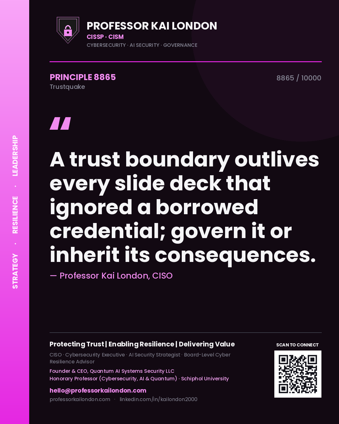 Professor Kai London principle 8865: A trust boundary outlives every slide deck that ignored a borrowed credential; govern it or inherit its consequences.