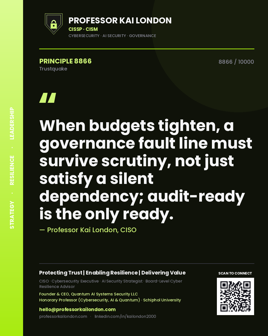Professor Kai London principle 8866: When budgets tighten, a governance fault line must survive scrutiny, not just satisfy a silent dependency; audit-ready is the only ready.