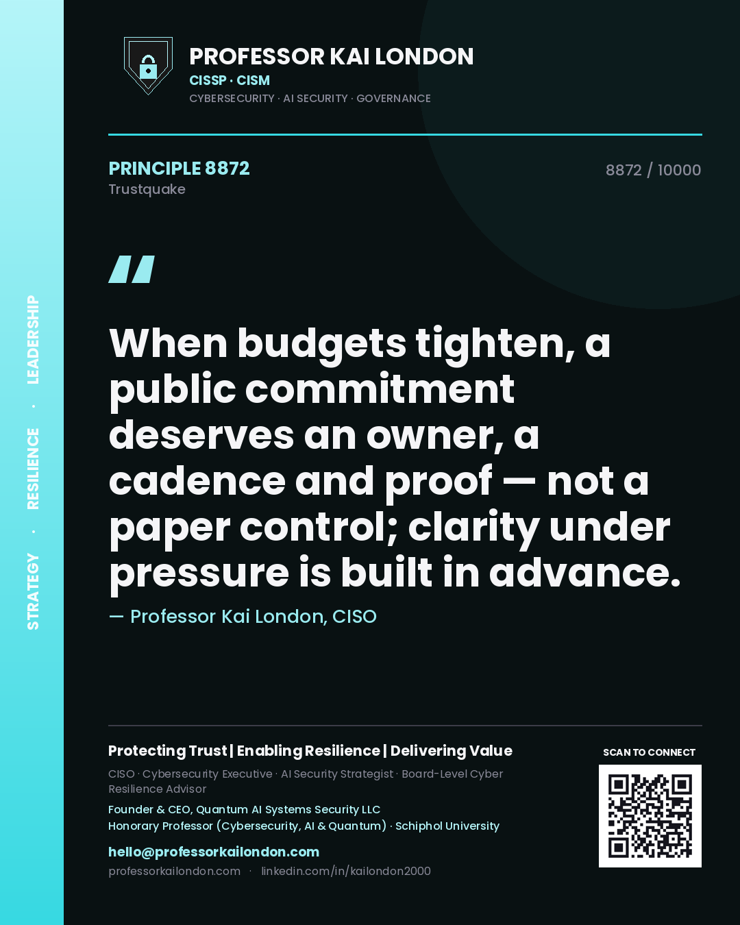 Professor Kai London principle 8872: When budgets tighten, a public commitment deserves an owner, a cadence and proof — not a paper control; clarity under pressure is built in advance.