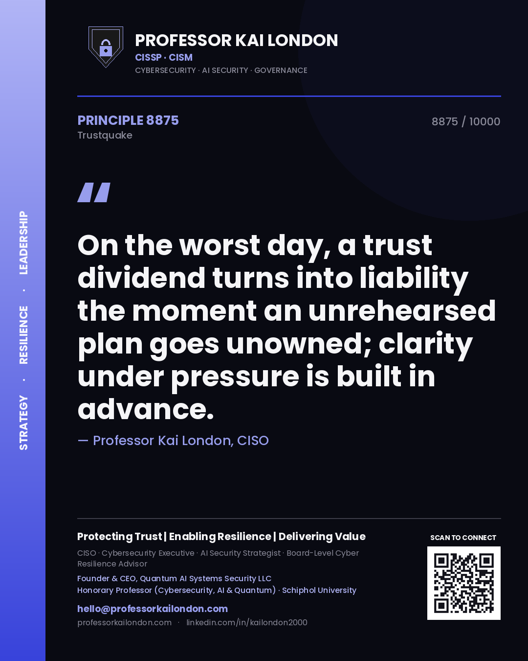 Professor Kai London principle 8875: On the worst day, a trust dividend turns into liability the moment an unrehearsed plan goes unowned; clarity under pressure is built in advance.