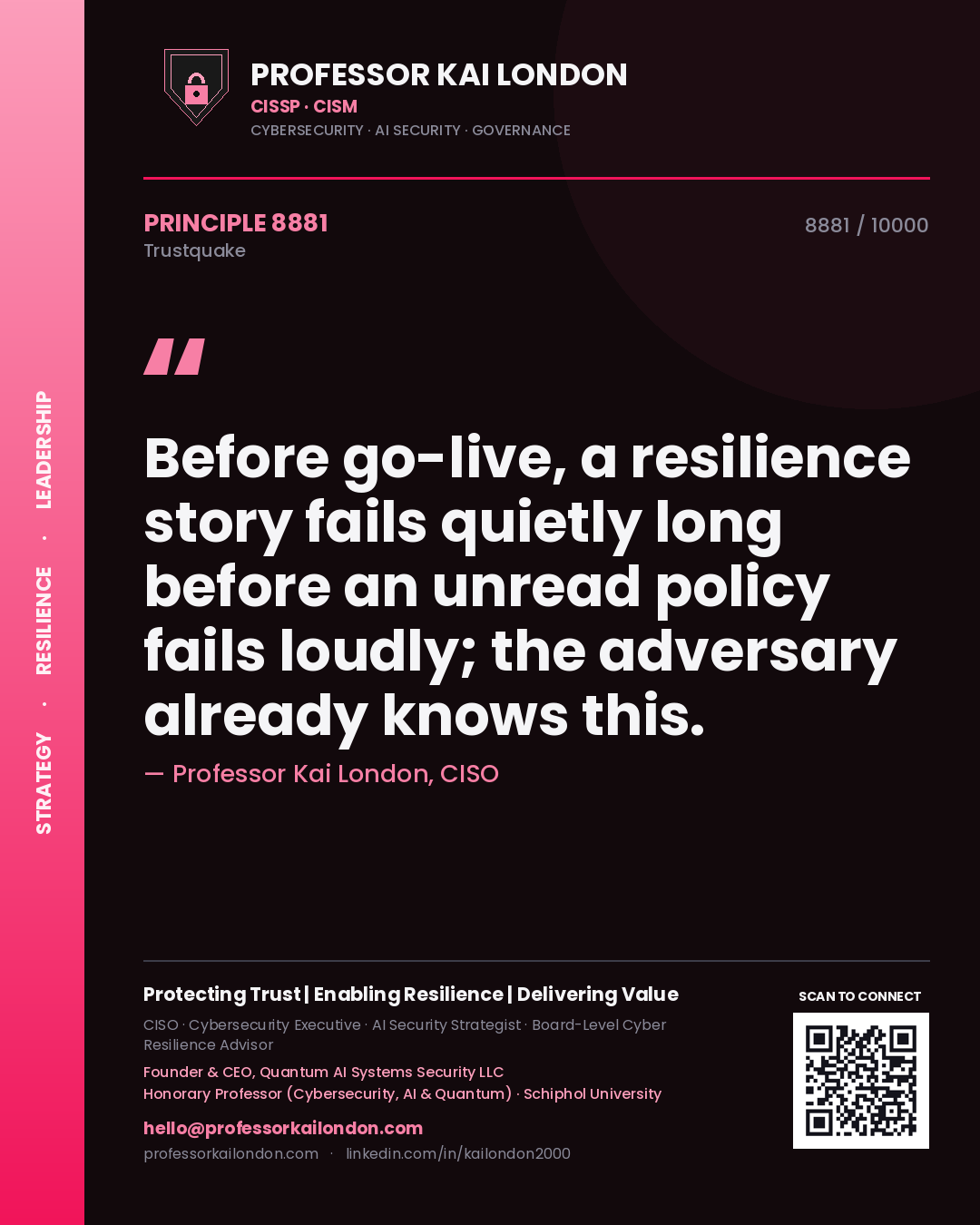 Professor Kai London principle 8881: Before go-live, a resilience story fails quietly long before an unread policy fails loudly; the adversary already knows this.