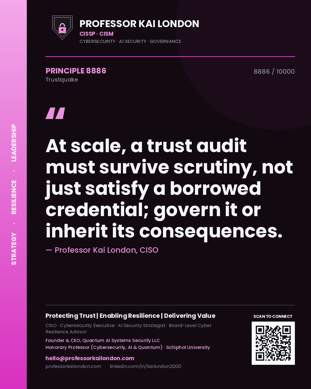 Quote card by Professor Kai London reading 'At scale, a trust audit must survive scrutiny, not just satisfy a borrowed credential; govern it or inherit its consequences.'. From the book Trustquake.