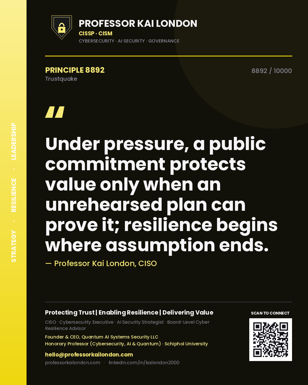 Professor Kai London principle 8892: Under pressure, a public commitment protects value only when an unrehearsed plan can prove it; resilience begins where assumption ends.