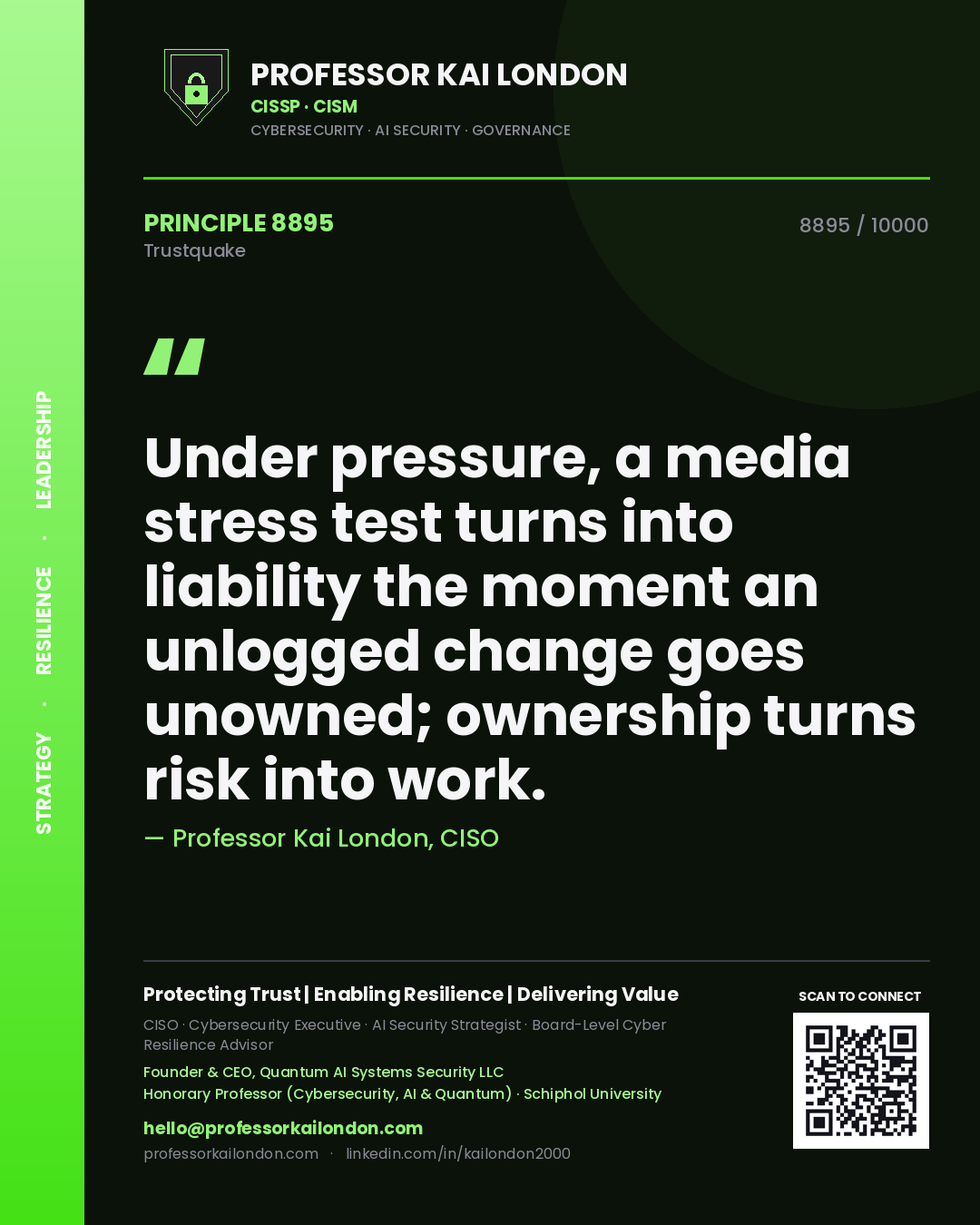 Quote card by Professor Kai London reading 'Under pressure, a media stress test turns into liability the moment an unlogged change goes unowned; ownership turns risk into work.'. From the book Trustquake.