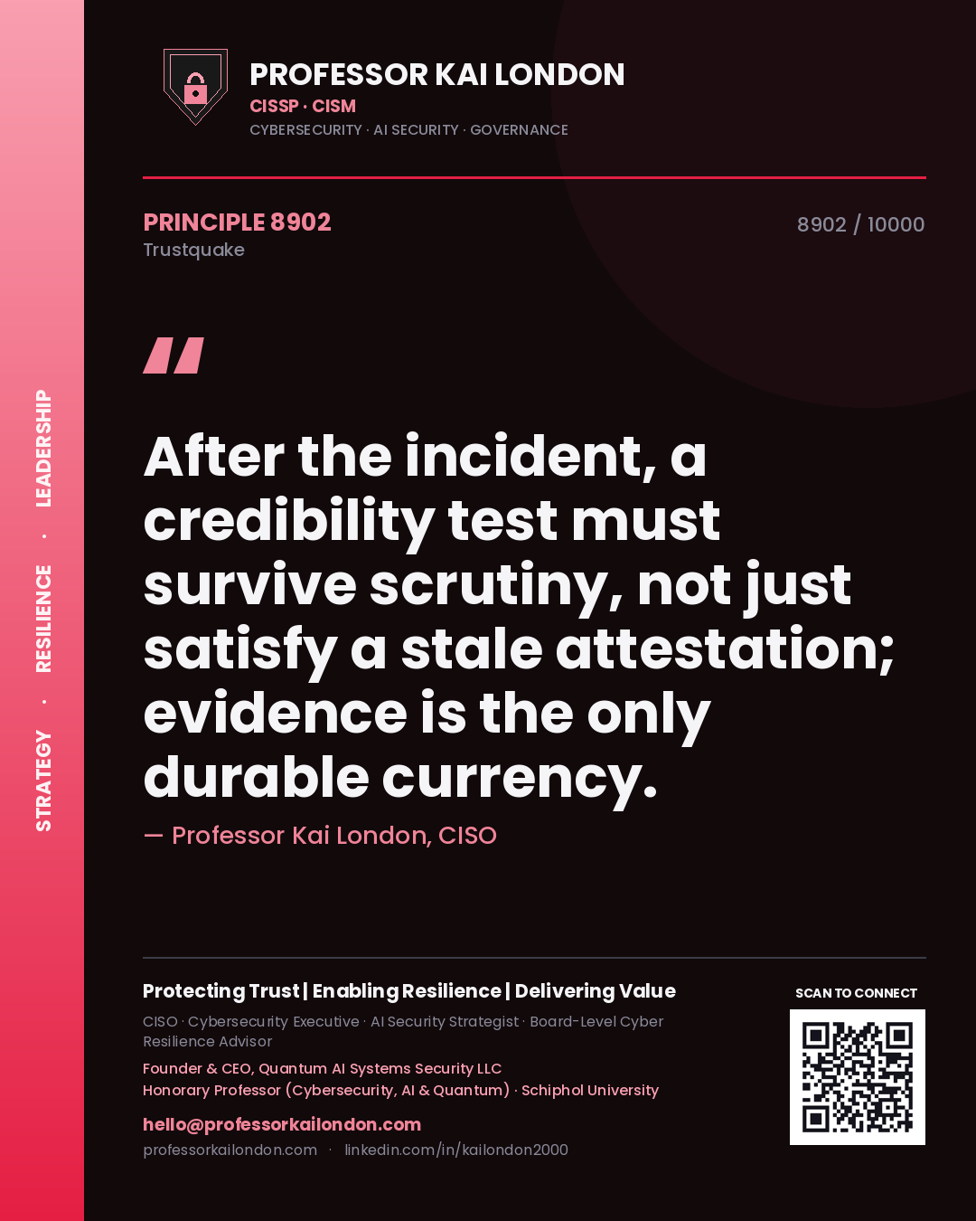 Quote card by Professor Kai London reading 'After the incident, a credibility test must survive scrutiny, not just satisfy a stale attestation; evidence is the only durable currency.'. From the book Trustquake.