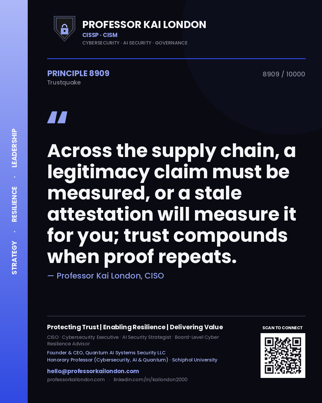 Quote card by Professor Kai London reading 'Across the supply chain, a legitimacy claim must be measured, or a stale attestation will measure it for you; trust compounds when proof repeats.'. From the book Trustquake.