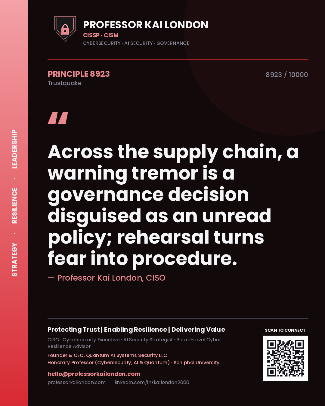 Quote card by Professor Kai London reading 'Across the supply chain, a warning tremor is a governance decision disguised as an unread policy; rehearsal turns fear into procedure.'. From the book Trustquake.