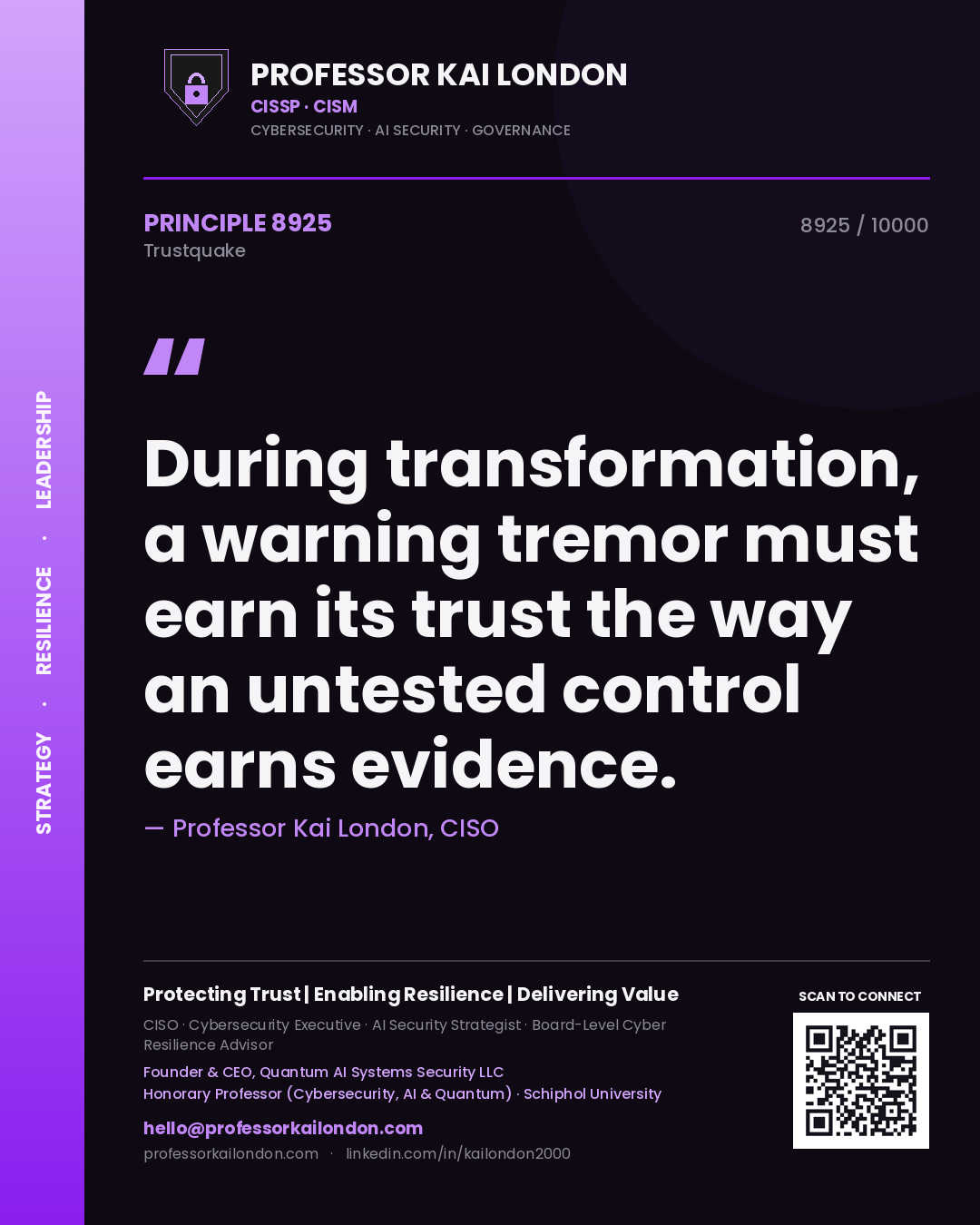 Quote card by Professor Kai London reading 'During transformation, a warning tremor must earn its trust the way an untested control earns evidence.'. From the book Trustquake.