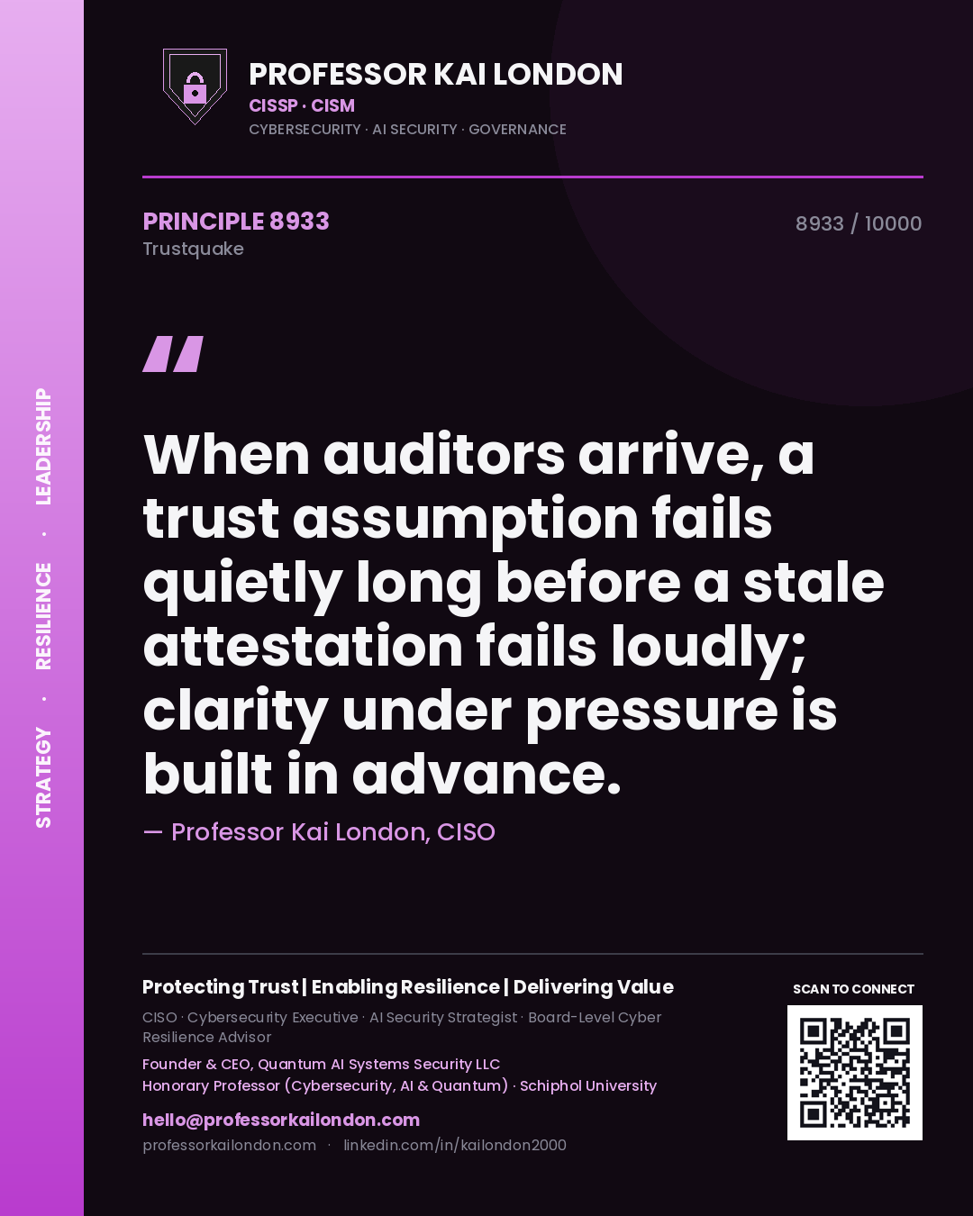 Professor Kai London principle 8933: When auditors arrive, a trust assumption fails quietly long before a stale attestation fails loudly; clarity under pressure is built in advance.