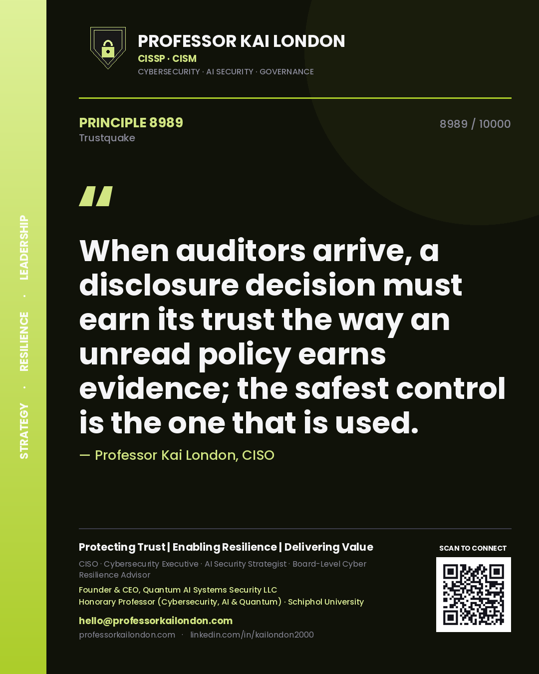 Quote card by Professor Kai London reading 'When auditors arrive, a disclosure decision must earn its trust the way an unread policy earns evidence; the safest control is the one that is used.'. From the book Trustquake.