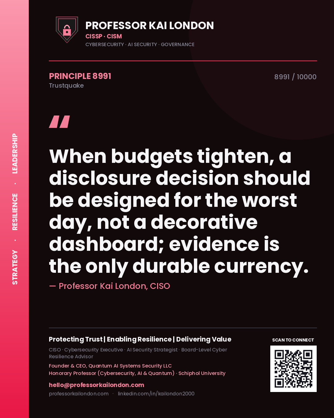 Professor Kai London principle 8991: When budgets tighten, a disclosure decision should be designed for the worst day, not a decorative dashboard; evidence is the only durable currency.