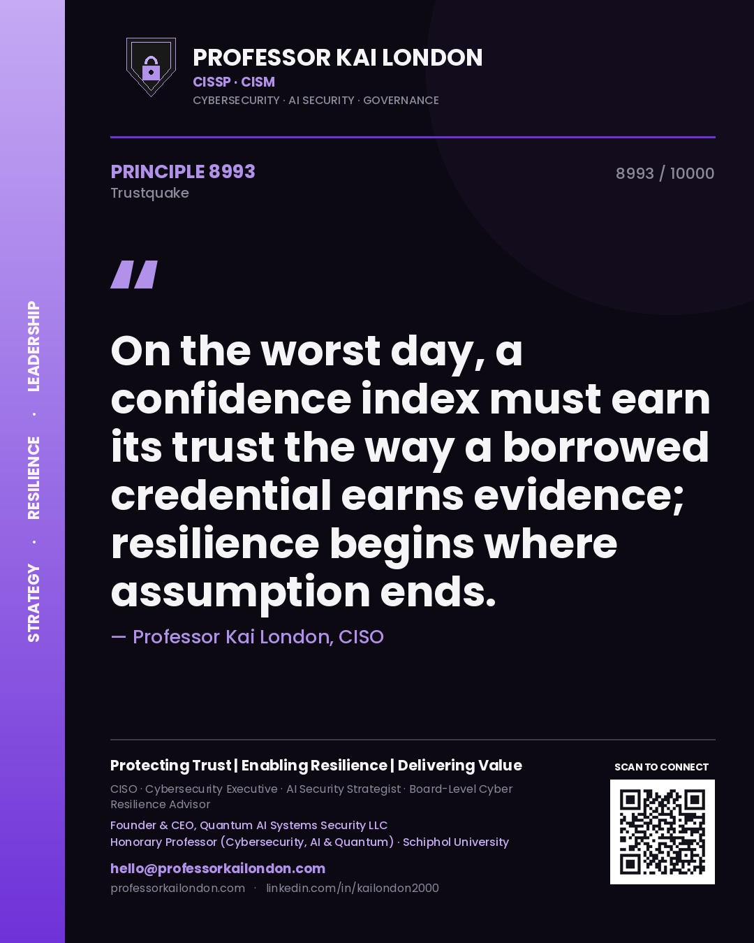 Quote card by Professor Kai London reading 'On the worst day, a confidence index must earn its trust the way a borrowed credential earns evidence; resilience begins where assumption ends.'. From the book Trustquake.